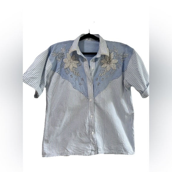 S.CLASSSSEN Tops - Men's Blue Striped Shirt with Floral Embroidery